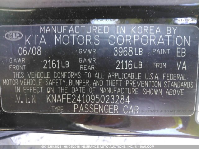 KNAFE241095023284 - 2009 KIA SPECTRA SX BLACK photo 9