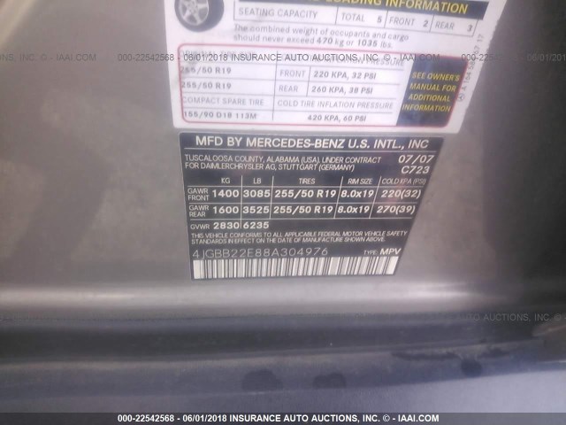 4JGBB22E88A304976 - 2008 MERCEDES-BENZ ML 320 CDI GRAY photo 9
