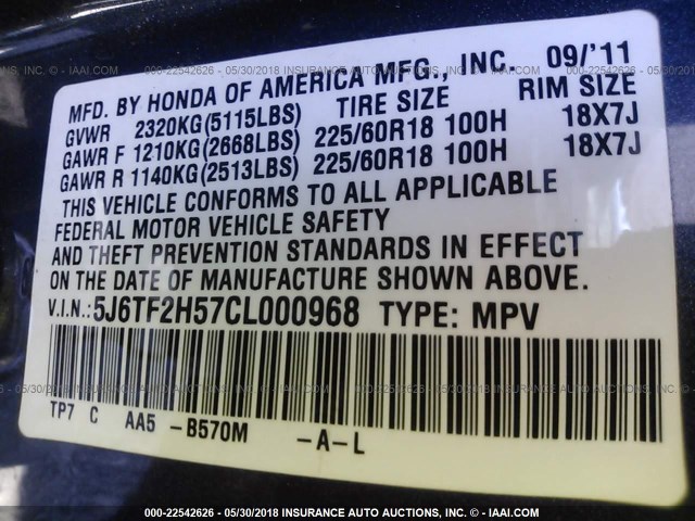 5J6TF2H57CL000968 - 2012 HONDA CROSSTOUR EXL ლურჯი ფოტო 9