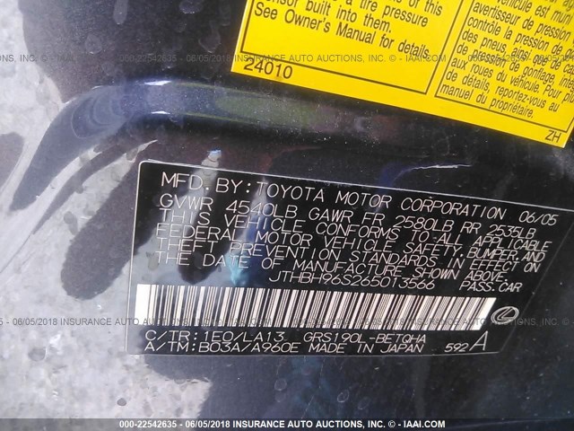 JTHBH96S265013566 - 2006 LEXUS GS GENERATION 200 300 GRAY photo 9