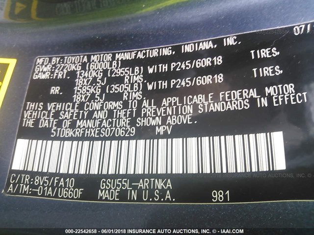 5TDBKRFHXES070629 - 2014 TOYOTA HIGHLANDER LE/LE PLUS 蓝色 照片 9