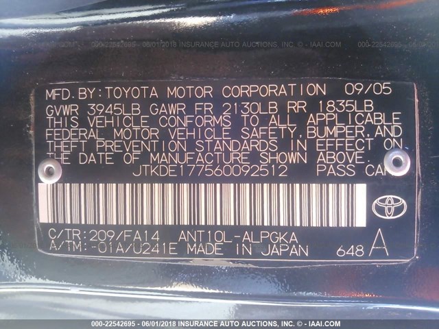 JTKDE177560092512 - 2006 TOYOTA SCION TC 黑色 照片 9