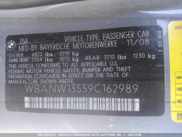 WBANW13559C162989 - 2009 BMW 535 I GRAY photo 9