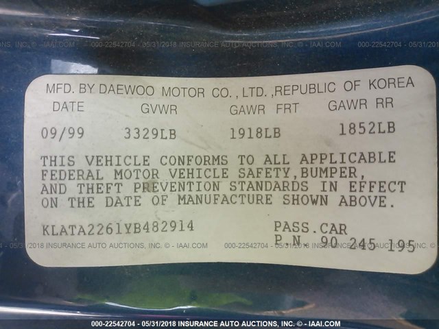 KLATA2261YB482914 - 2000 DAEWOO LANOS S Azul foto 9