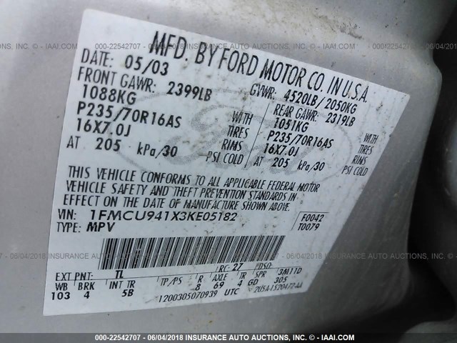 1FMCU941X3KE05182 - 2003 FORD ESCAPE LIMITED SILVER photo 9