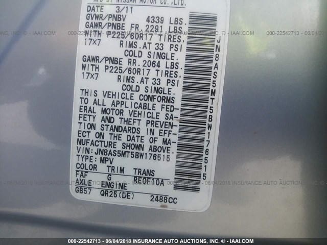 JN8AS5MT5BW176515 - 2011 NISSAN ROGUE S/SV/KROM SILVER photo 9