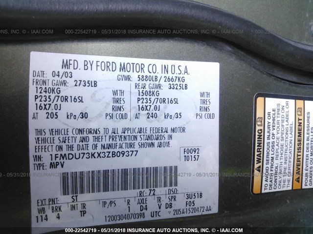 1FMDU73KX3ZB09377 - 2003 FORD EXPLORER XLT/XLT SPORT/NBX 绿色 照片 9