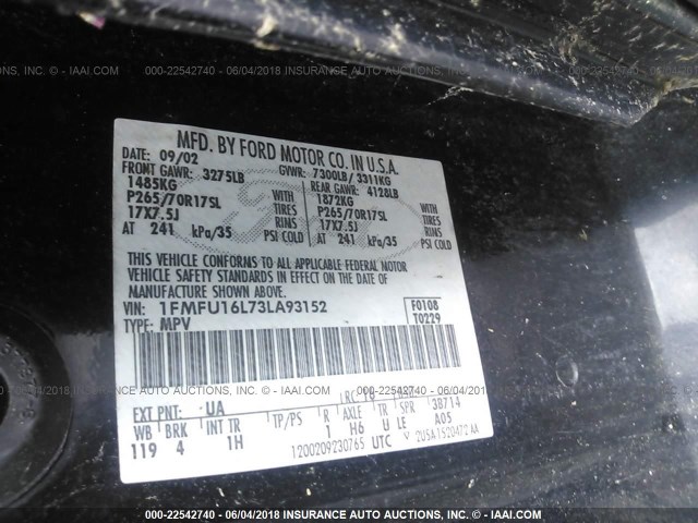 1FMFU16L73LA93152 - 2003 FORD EXPEDITION XLT შავი ფოტო 9