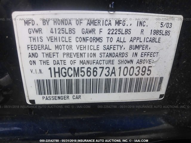 1HGCM56673A100395 - 2003 HONDA ACCORD EX BLUE photo 9