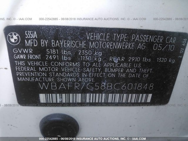 WBAFR7C58BC601848 - 2011 BMW 535 I WHITE photo 9