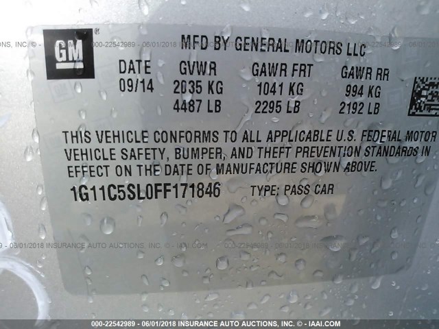 1G11C5SL0FF171846 - 2015 CHEVROLET MALIBU 1LT 银色 照片 9