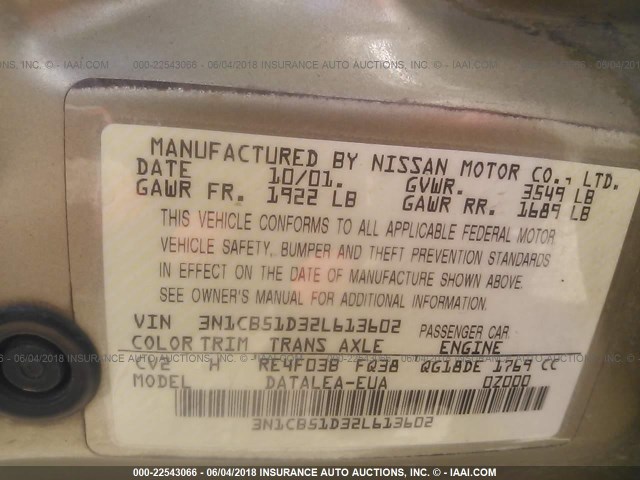 3N1CB51D32L613602 - 2002 NISSAN SENTRA XE/GXE GOLD photo 9