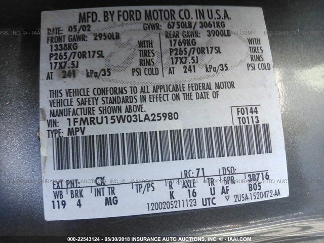 1FMRU15W03LA25980 - 2003 FORD EXPEDITION XLT 灰色 照片 9