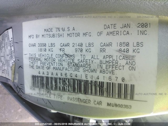 4A3AA46G41E141670 - 2001 MITSUBISHI GALANT ES SILVER photo 9