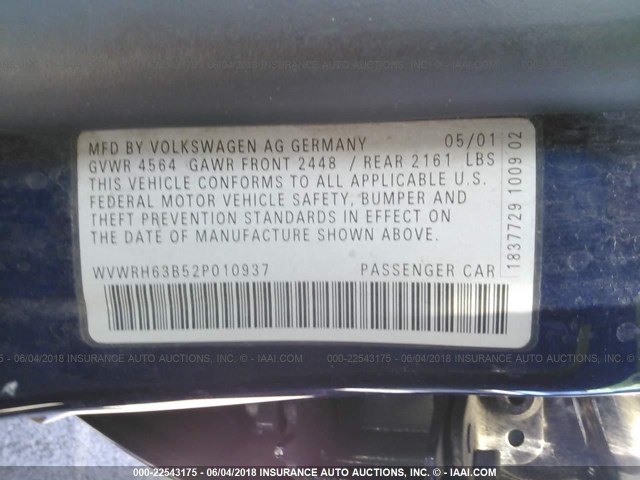 WVWRH63B52P010937 - 2002 VOLKSWAGEN PASSAT GLX 蓝色 照片 9
