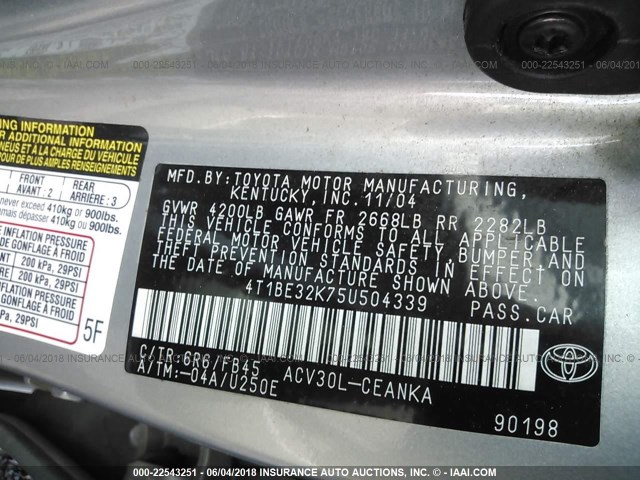 4T1BE32K75U504339 - 2005 TOYOTA CAMRY LE/XLE/SE 米色 照片 9