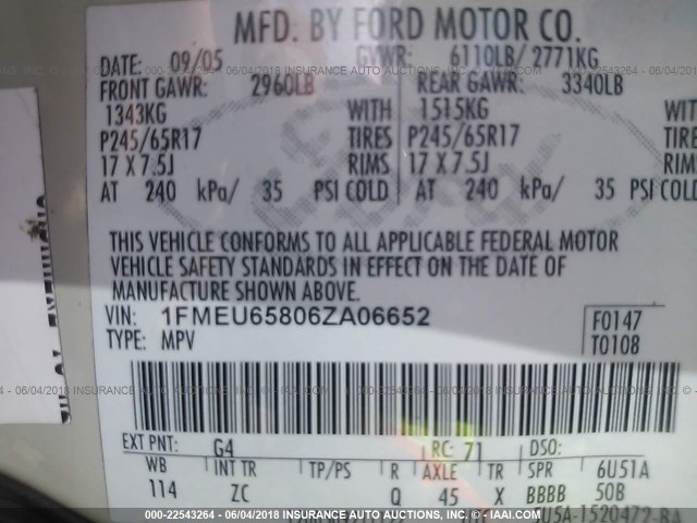 1FMEU65806ZA06652 - 2006 FORD EXPLORER LIMITED 白色 照片 9