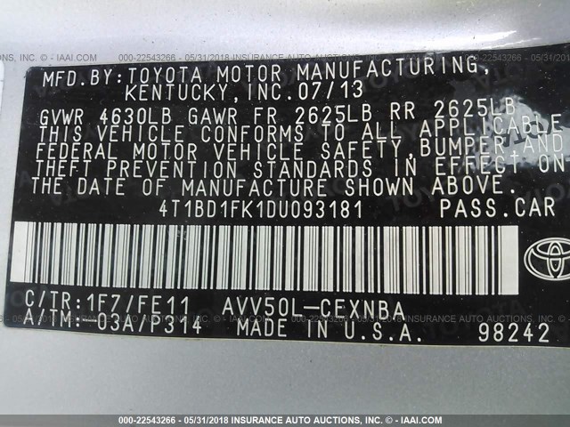 4T1BD1FK1DU093181 - 2013 TOYOTA CAMRY HYBRID/LE/XLE 灰色 照片 9