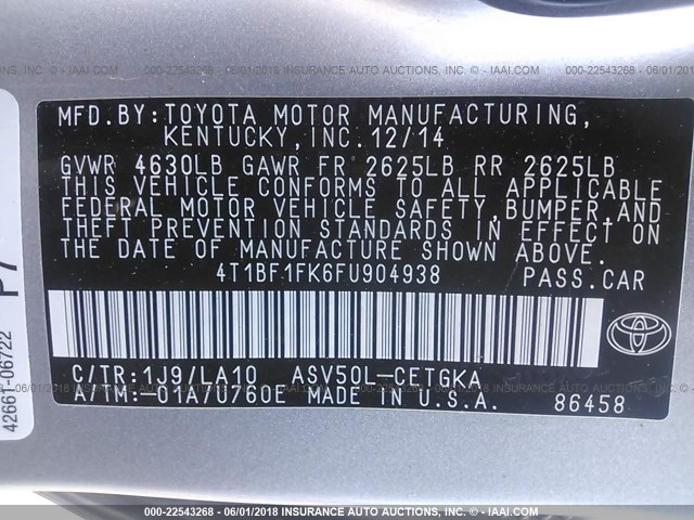 4T1BF1FK6FU904938 - 2015 TOYOTA CAMRY LE/XLE/SE/XSE SILVER photo 9