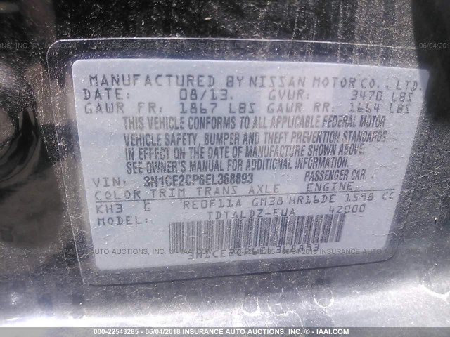 3N1CE2CP6EL368893 - 2014 NISSAN VERSA NOTE S/S PLUS/SV/SL BLACK photo 9