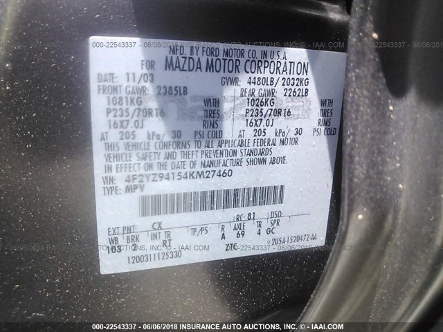 4F2YZ94154KM27460 - 2004 MAZDA TRIBUTE LX GRAY photo 9