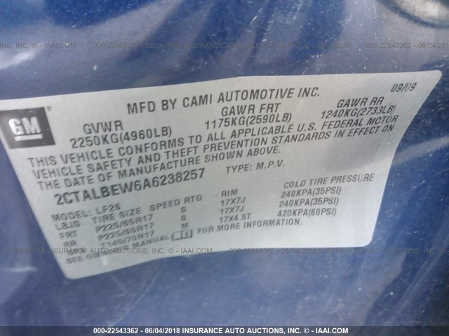 2CTALBEW6A6238257 - 2010 GMC TERRAIN SLE BLUE photo 9