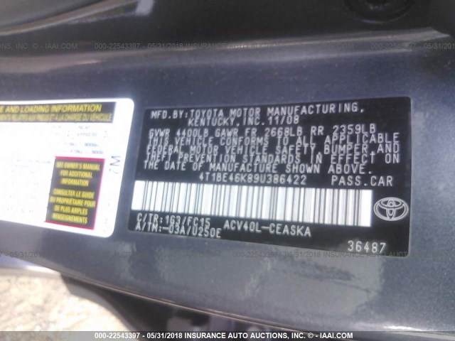 4T1BE46K89U386422 - 2009 TOYOTA CAMRY SE/LE/XLE 灰色 照片 9