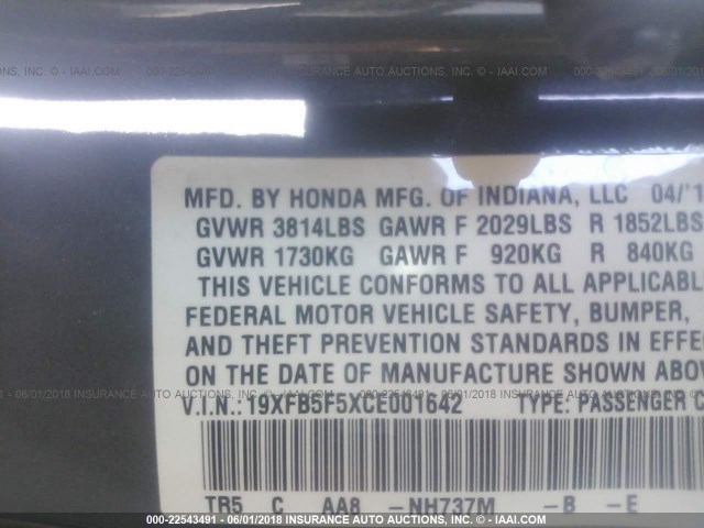 19XFB5F5XCE001642 - 2012 HONDA CIVIC NATURAL GAS GRAY photo 9