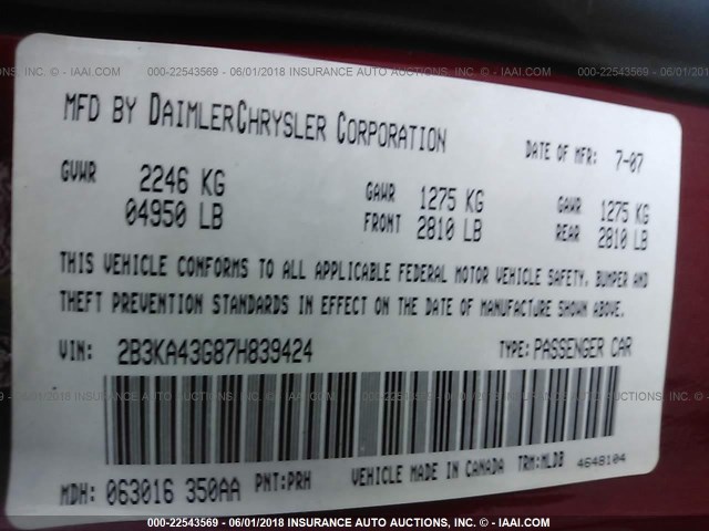 2B3KA43G87H839424 - 2007 DODGE CHARGER SE/SXT RED photo 9