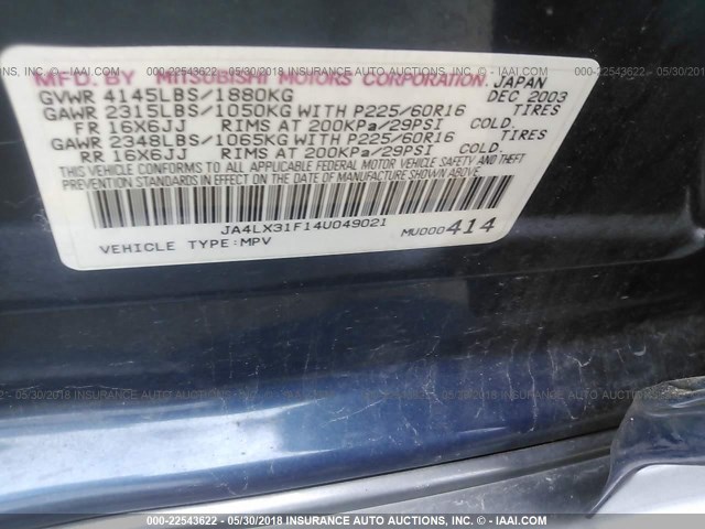 JA4LX31F14U049021 - 2004 MITSUBISHI OUTLANDER LS BLUE photo 9