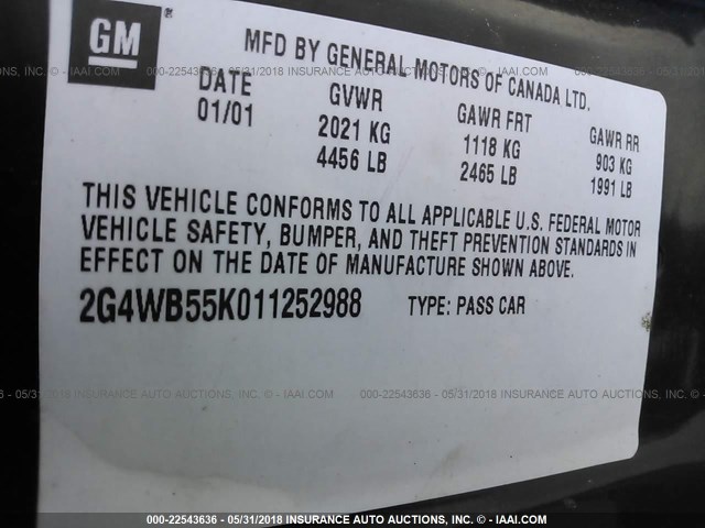 2G4WB55K011252988 - 2001 BUICK REGAL LS 黑色 照片 9