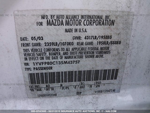 1YVFP80C135M43757 - 2003 MAZDA 6 I WHITE photo 9