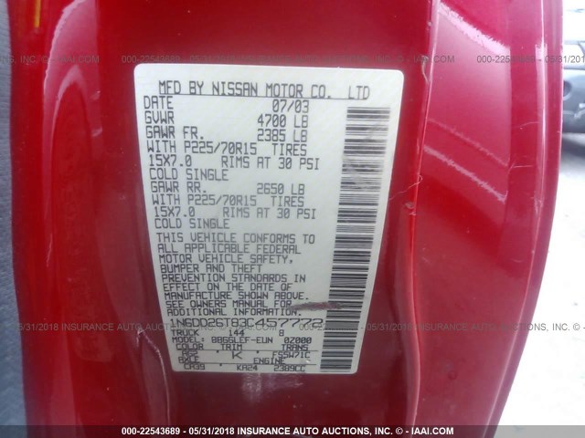 1N6DD26T83C457772 - 2003 NISSAN FRONTIER KING CAB XE RED photo 9