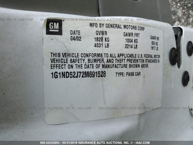 1G1ND52J72M691528 - 2002 CHEVROLET MALIBU WHITE photo 9