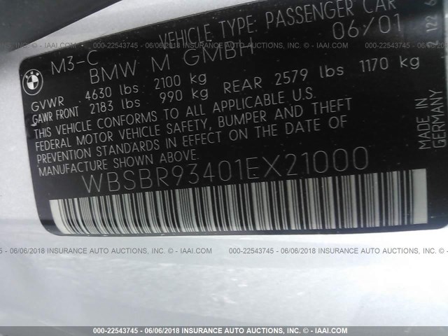 WBSBR93401EX21000 - 2001 BMW M3 CI SILVER photo 9
