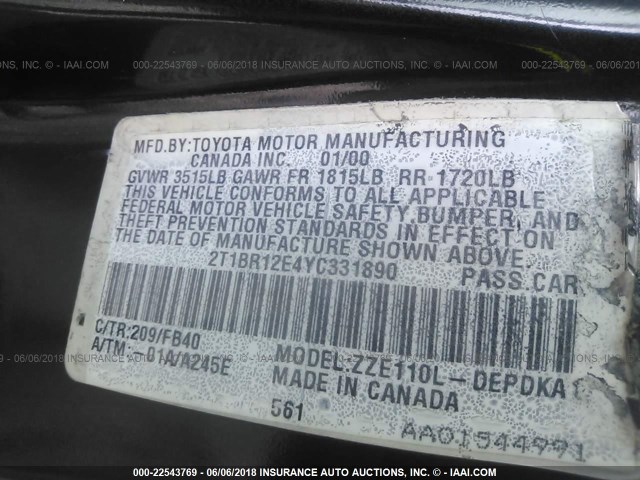 2T1BR12E4YC331890 - 2000 TOYOTA COROLLA VE/CE/LE 黑色 照片 9