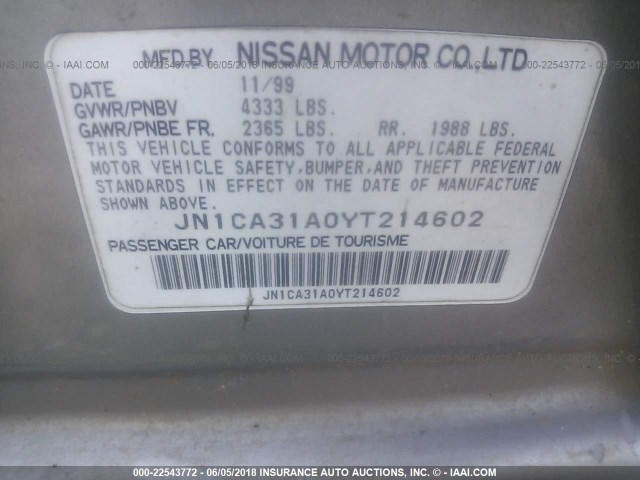 JN1CA31A0YT214602 - 2000 NISSAN MAXIMA GLE/GXE/SE GOLD photo 9