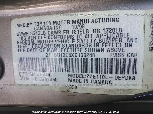 2T1BR12E5XC136248 - 1999 TOYOTA COROLLA VE/CE/LE 金色 照片 9