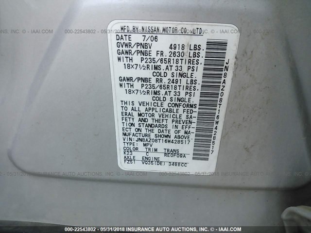 JN8AZ08T16W428517 - 2006 NISSAN MURANO SL/SE/S SILVER photo 9