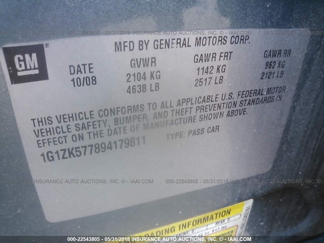 1G1ZK577894179811 - 2009 CHEVROLET MALIBU LTZ 绿色 照片 9