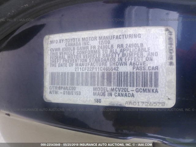 2T1CF22P11C465542 - 2001 TOYOTA CAMRY SOLARA SE/SLE BLACK photo 9