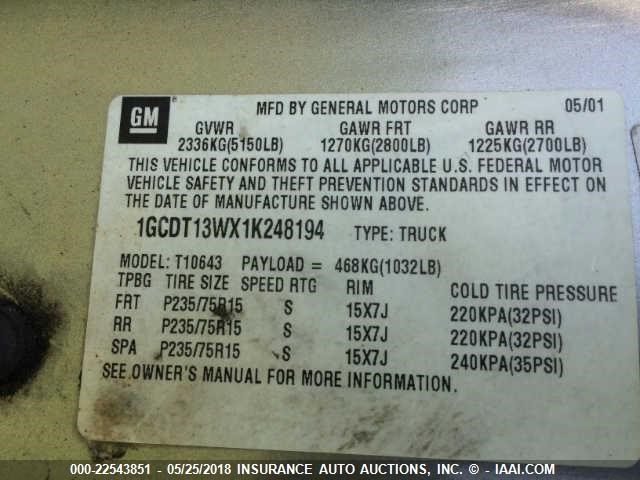 1GCDT13WX1K248194 - 2001 CHEVROLET S TRUCK S10 SILVER photo 9