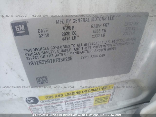 1G1ZE5EB7AF230285 - 2010 CHEVROLET MALIBU LTZ 白色 照片 9