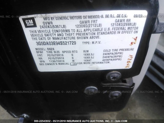 3G5DA03E94S521729 - 2004 BUICK RENDEZVOUS CX/CXL BLACK photo 9