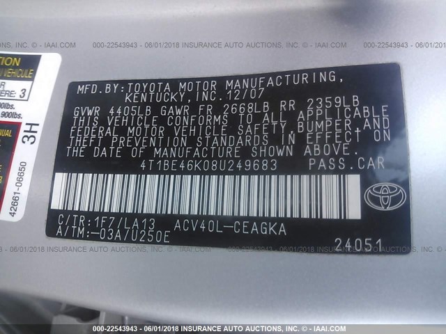 4T1BE46K08U249683 - 2008 TOYOTA CAMRY CE/LE/XLE/SE SILVER photo 9