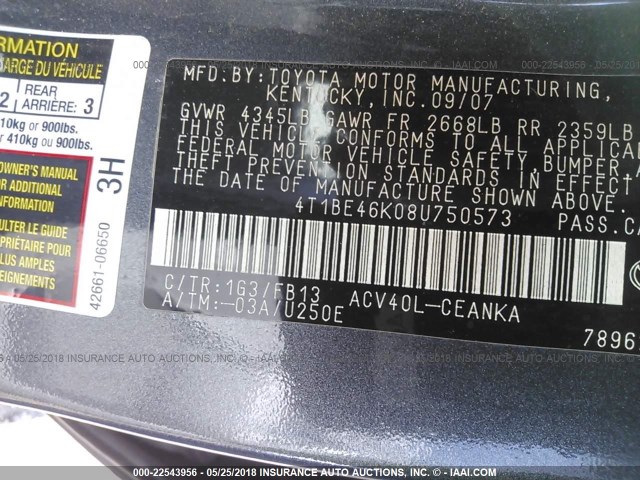 4T1BE46K08U750573 - 2008 TOYOTA CAMRY CE/LE/XLE/SE GRAY photo 9