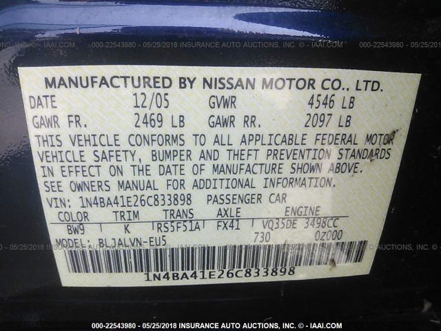 1N4BA41E26C833898 - 2006 NISSAN MAXIMA SE/SL BLUE photo 9