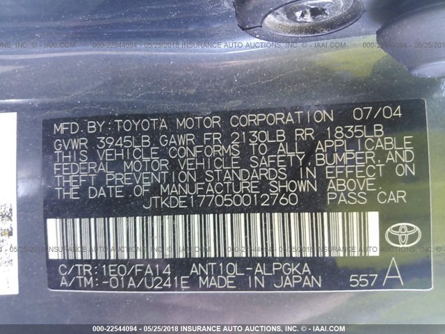JTKDE177050012760 - 2005 TOYOTA SCION TC 黑色 照片 9