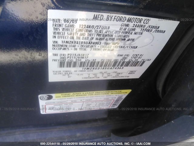 1FMZK03185GA74363 - 2005 FORD FREESTYLE LIMITED BLUE photo 9