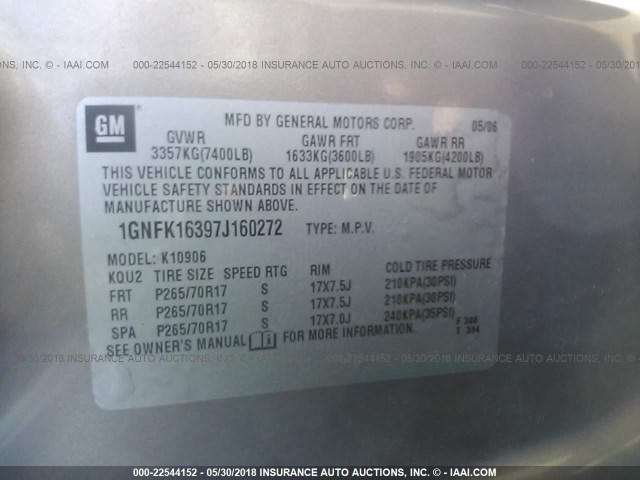 1GNFK16397J160272 - 2007 CHEVROLET SUBURBAN K1500 GRAY photo 9